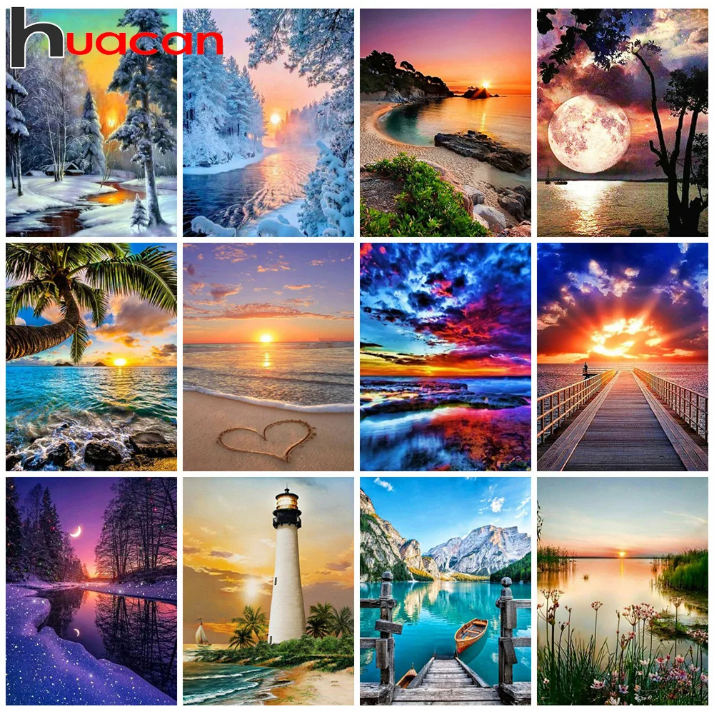 

Huacan Diy Diamond Painting Landscape Full Round Sqaure Mosaic Sunset New Collection Art Wall Decor Handmade Gift