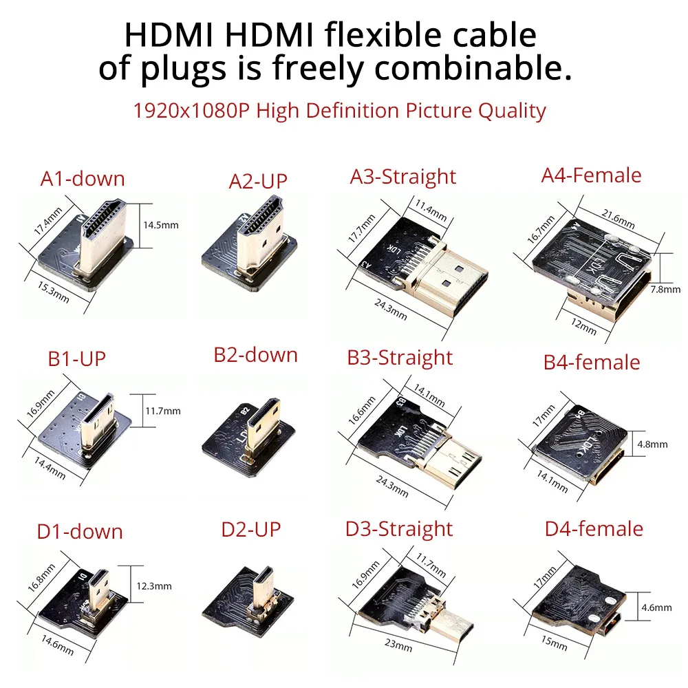 Suitable for HDMI Compatible Cable Micro HDMI To Mini HDMI Ultra-thin FPC Flexible Cable 90 Degree Mini/Micro PCB Connector DIY