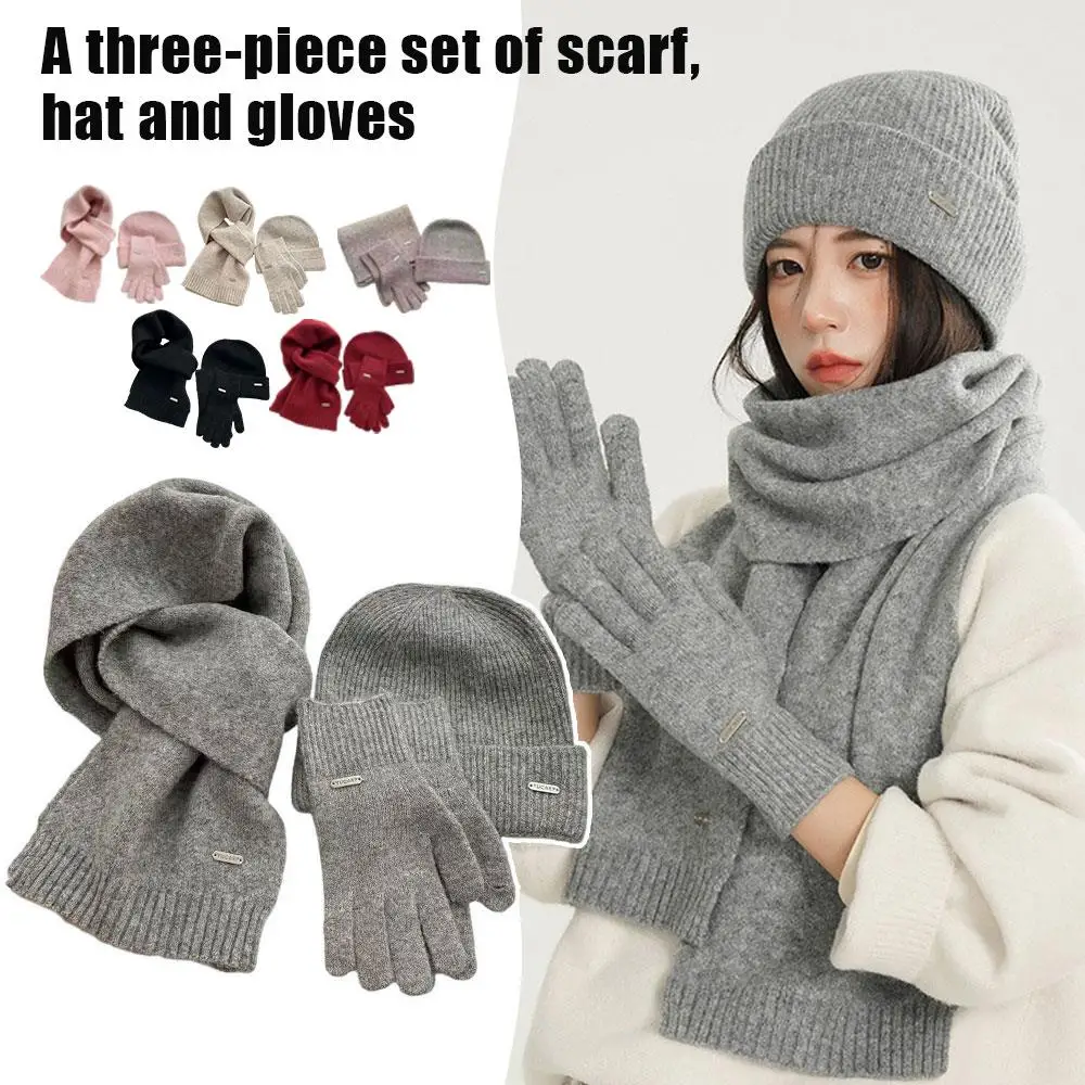 

Зимняя вязаная шапка для женщин, комплект с шарфом и перчатками, удобная мягкая теплая шапка, уличный ветрозащитный комплект для верховой езды, шерстяной комплект из трех предметов
