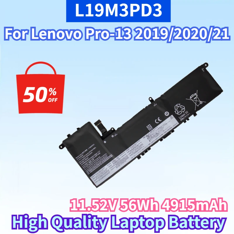 New L19M3PD3 11.52V 56Wh 4915mAh Li-ion Rechargeable Battery for Lenovo Pro-13 2019/2020/21 L19D3PD3 High Quality Laptop Battery