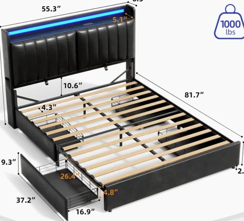 سرير تخزين منجد بالحجم الكامل مع محطة شحن وأضواء LED ومسند ظهر قابل للتعديل لتزيين غرفة النوم