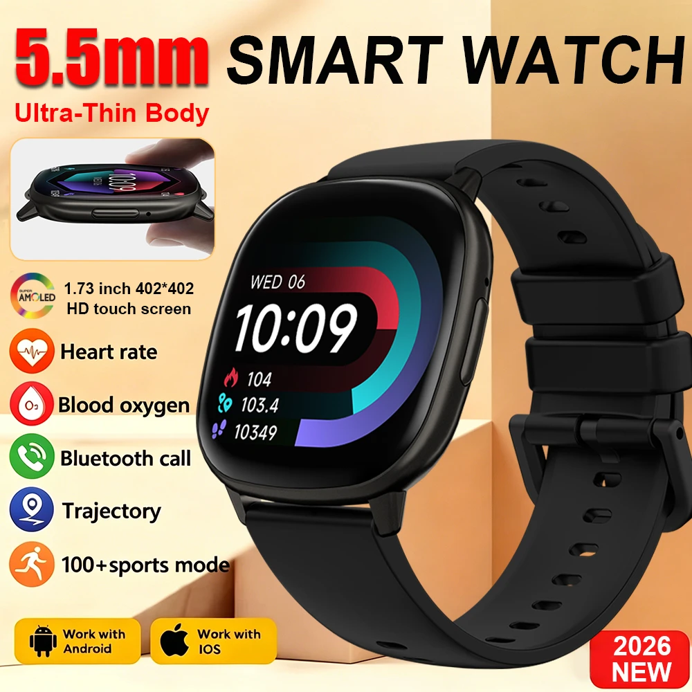 2026 New 1.73 Inch Ultrathin design 5.5mm Smart Watch Men Flashlight GPS Tracking BT Call NFC Heart Rate Sports Women Smartwatch