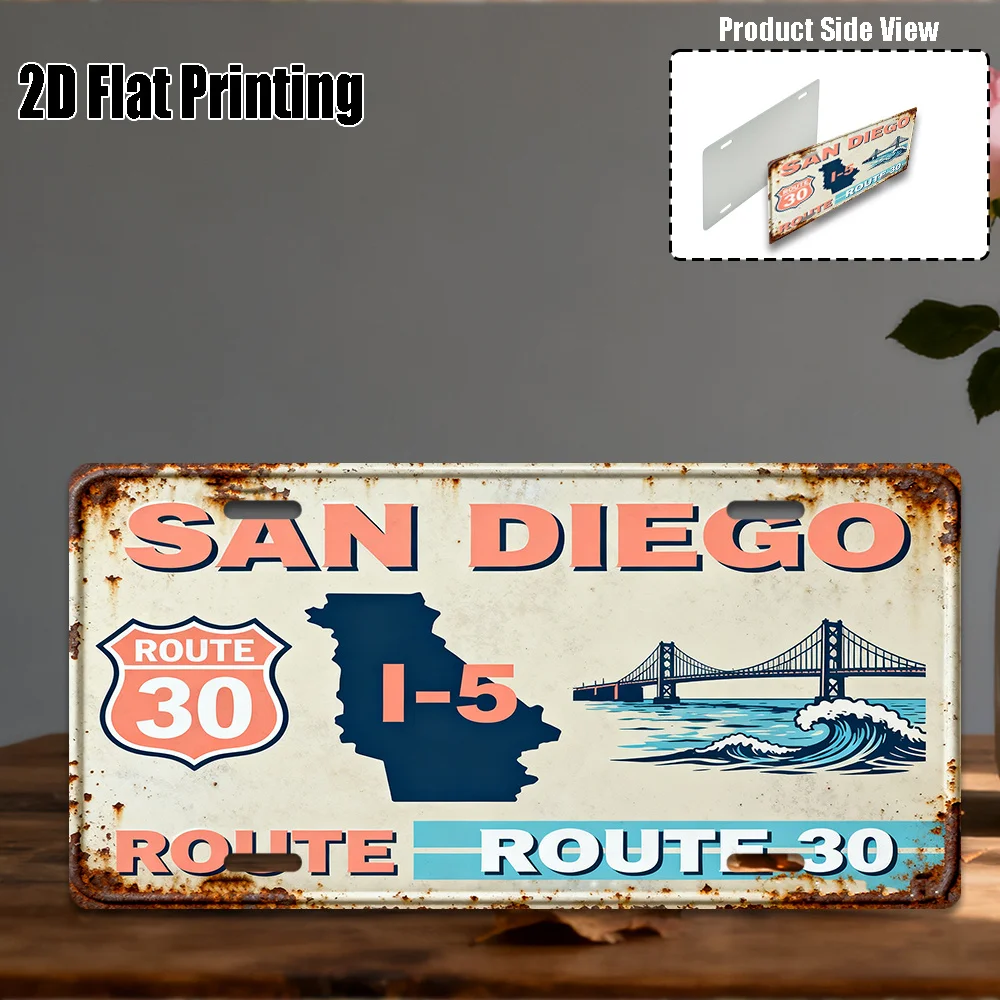 2D Flat, San Diego-Themed Vintage Metal License Plate & Wall Art Sign Heavy-Duty Aluminum Retro California License Plate Frame view 2