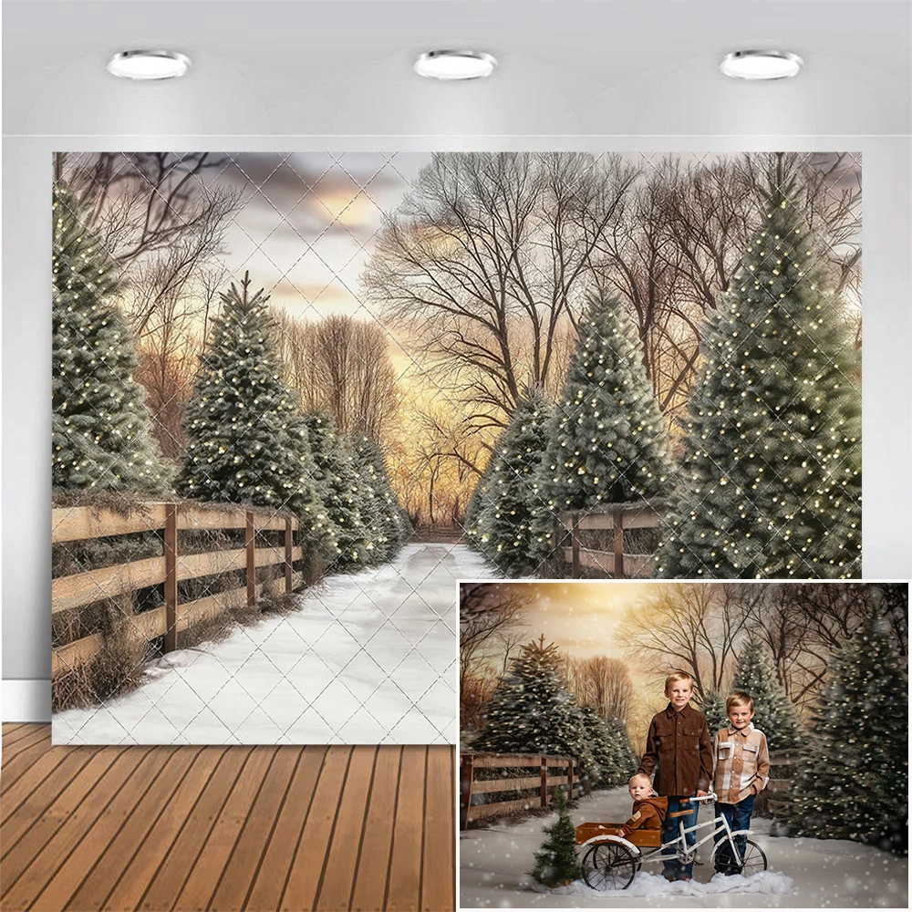 

Twinkling Christmas Pines Photography Backdrop Winter Snow Trail Background Adult Kids Portrait Photo Studio Props Banner