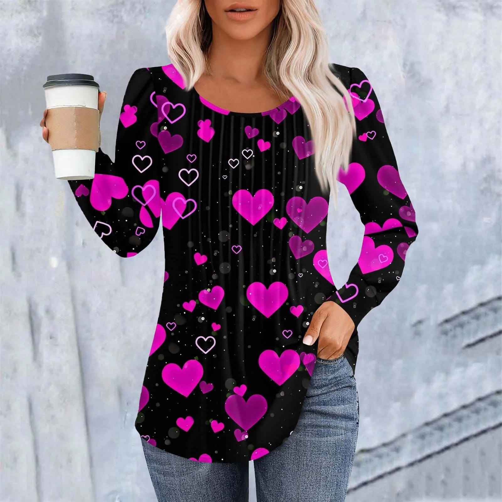 1 Pcs Spring Womens T-Shirts Valentine'S Day Blouses Heart-Shaped Print Tops O Neck Long Sleeve Basic Tops Cute Tunic Outfits