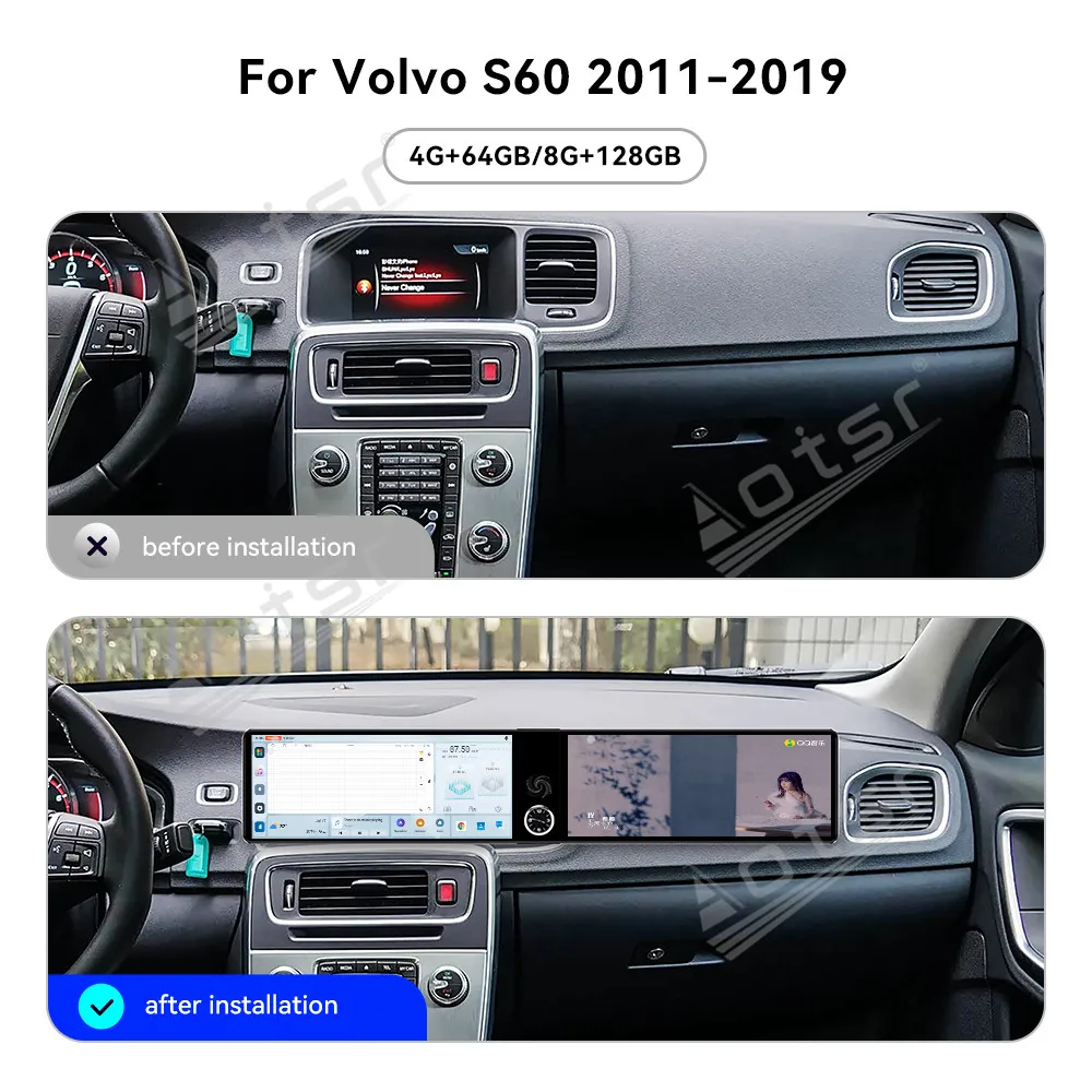 

For Volvo S60 2011-2019 12.3" Android 13 Dual Screen Car Radio Car Multimedia Video Player GPS Navigation Carplay Unit DSP WIFI