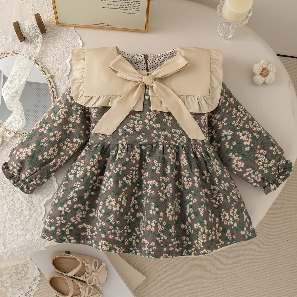 Autumn Pastoral Style Baby Girl Long Sleeved Doll Collar Dress Korean Style Toddler Floral Printed Big Bow Puff Sleeves Dress