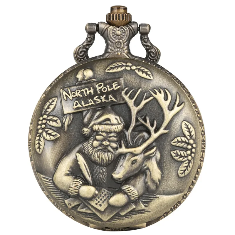 Bronze Santa Claus Elk Design Arabic Number Unisex Analog Quartz Pocket Watch Necklace Sweater Chain Xmas Clock Gift