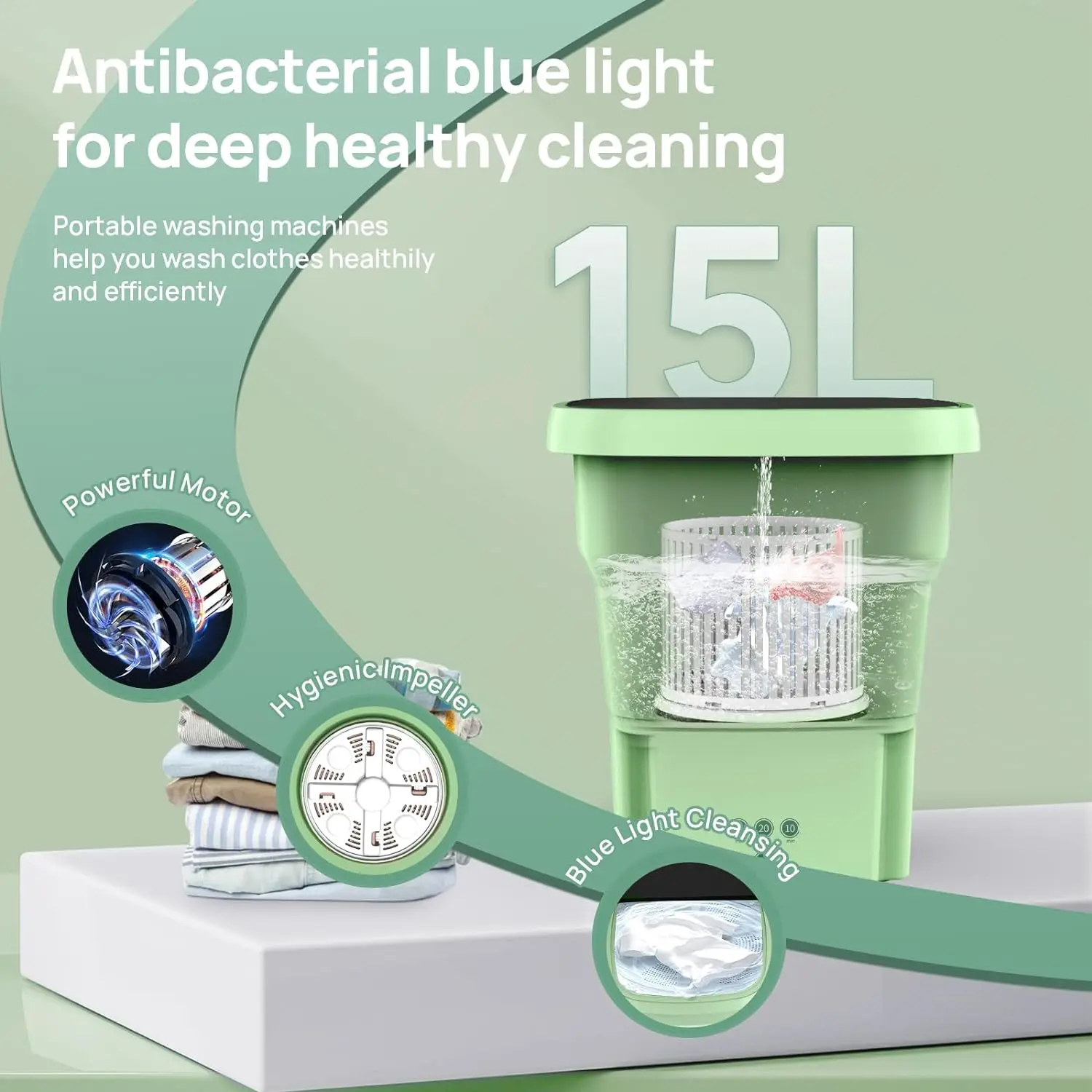 غسالة محمولة سعة 15 لترًا، غسالة صغيرة قابلة للطي مع 3 أوضاع تنظيف ذكية للسفر والشقة والجوارب الداخلية #4