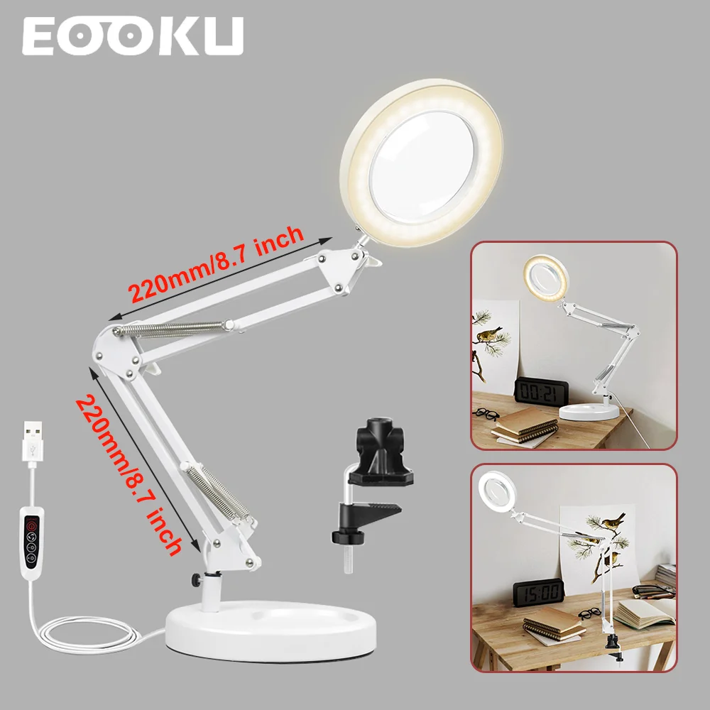 EOOKU LED Magnifying Desk Lamp 3 Color Dimming LED Light Heavy Duty Base Welding Workbench Reading Lamp For Soldering Close Work