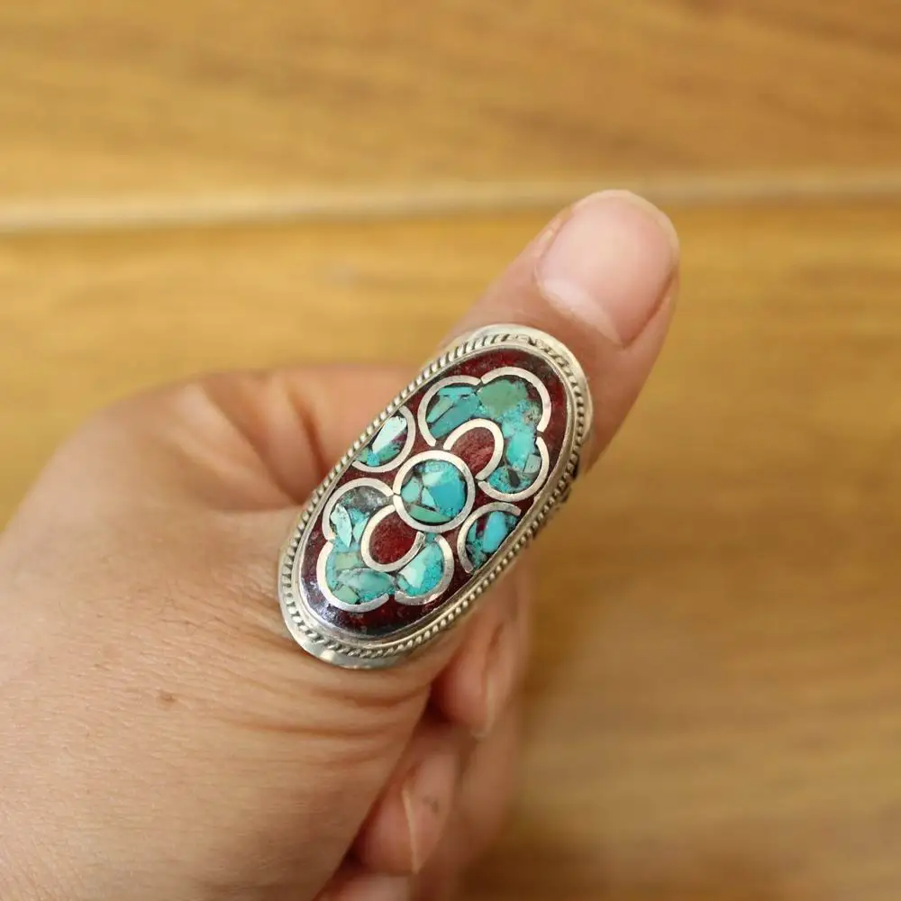 RG371 Tibetan Silver Lapis Turquoises Stone Colorful Flower Hand Carved Large Ring 2023 New Arrival