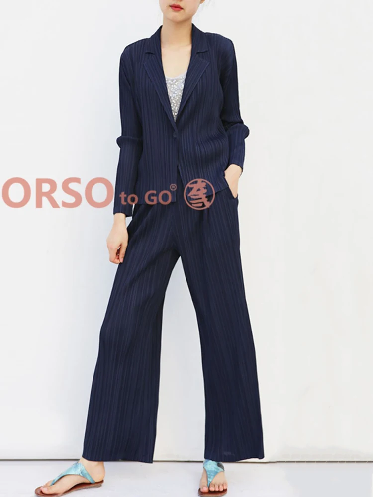 GVUW Pleated Office Lady 2 Pieces Set Lapel Single Button Blazer Coat + Wide Leg Trousers Loose Solid Color Women New 17G7735