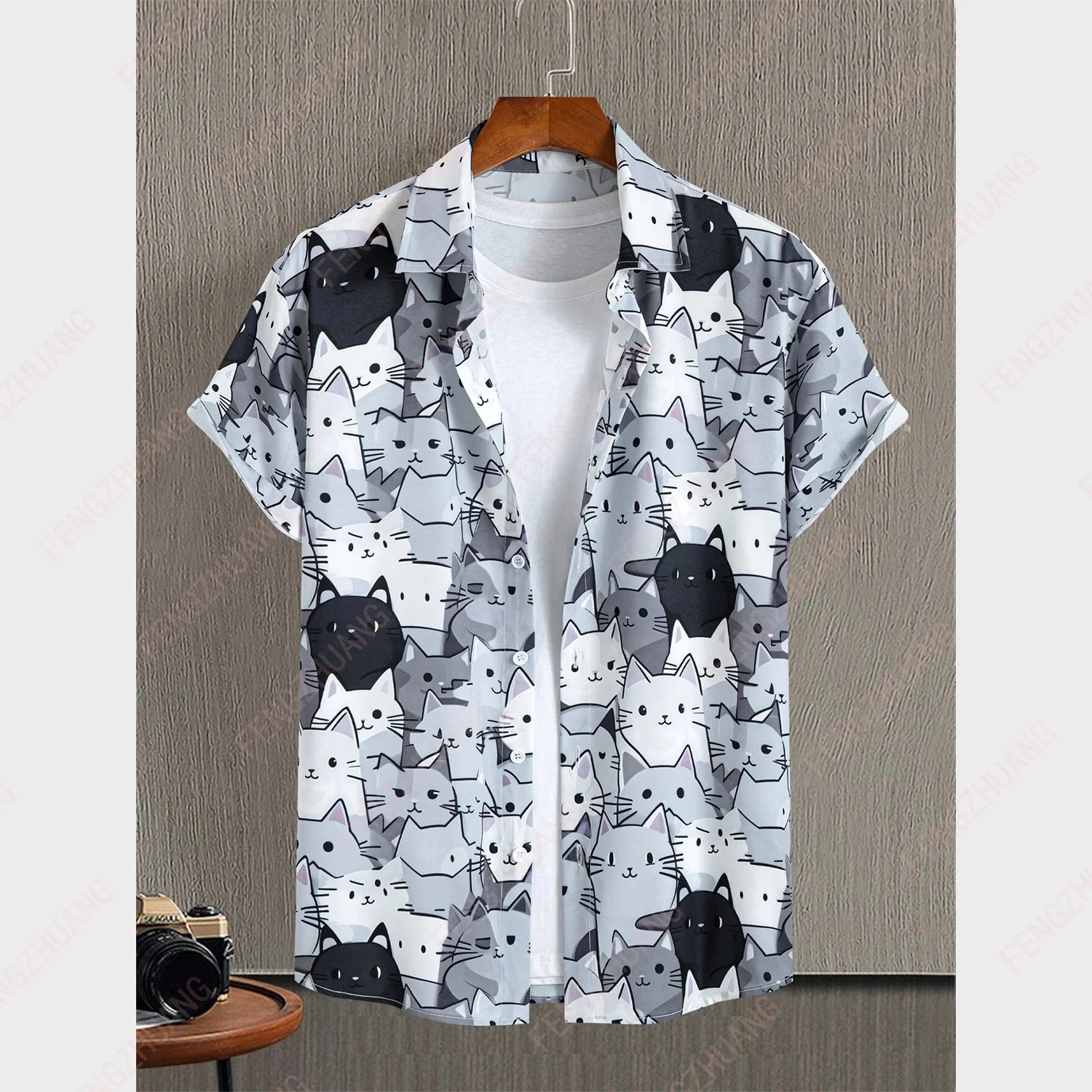 

Casual Short Sleeve Shirt With Cartoon Cat Print Fashionable Short Sleeve Floral Print Simple Daily Up Graphic Colorful Shirt