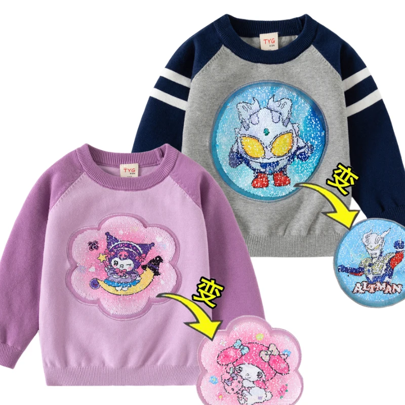 

2024 Autumn Winter Kids Sweater Baby Girl Boy Sanrio Kuromi Cartoon Flip Sequins Pasting Cloth Pullover Long Sleeve Knitwear Top