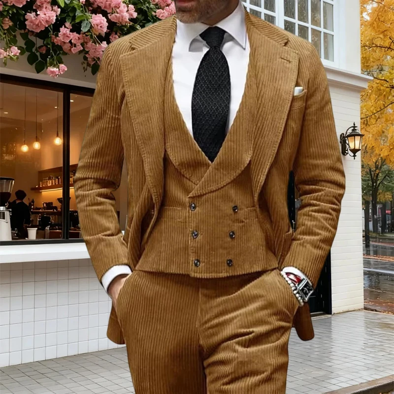 

Corduroy Men's Suit 3 Piece Single Breasted Blazer Vest Pants Set Business Events Wedding Grooms Banquet Party Tailored Tuxedo