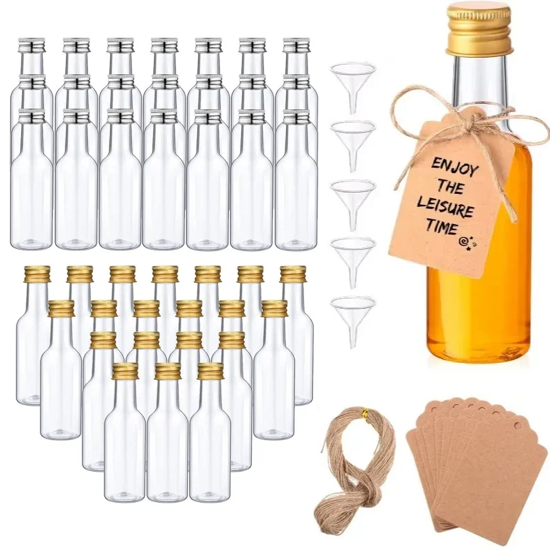 Mini traje de botella de vino de plástico, 10/30/50/100 Uds., botella de jugo transparente de 1,7 Oz, botellas de espíritu con embudos, etiquetas Kraft, decoración de fiesta de cuerda