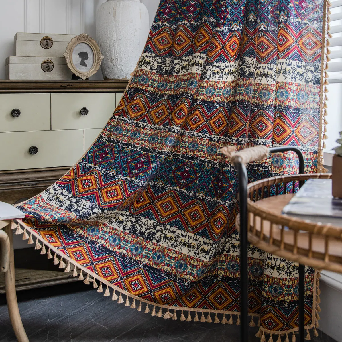 

Bohemian Semi-Blackout Curtain with Tassel, Linen-like Farmhouse Ethnic Rod Pocket Window Drape for Kitchen Bedroom