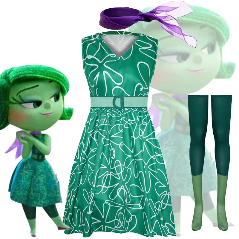 Movie Inside Out 2 Cosplay Disgust Cosplay Costume Green Stocking Skirt Suits Halloween Carnival Role Play Uniforms