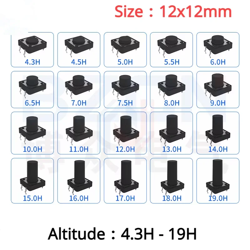 10PCS 12x12mm Panel PCB ON Off Momentary Tactile Tact Micro Mini Switch Push Button DC12V 4 Pin DIP H=5/6/7/8/9/10/12/13/15/16mm