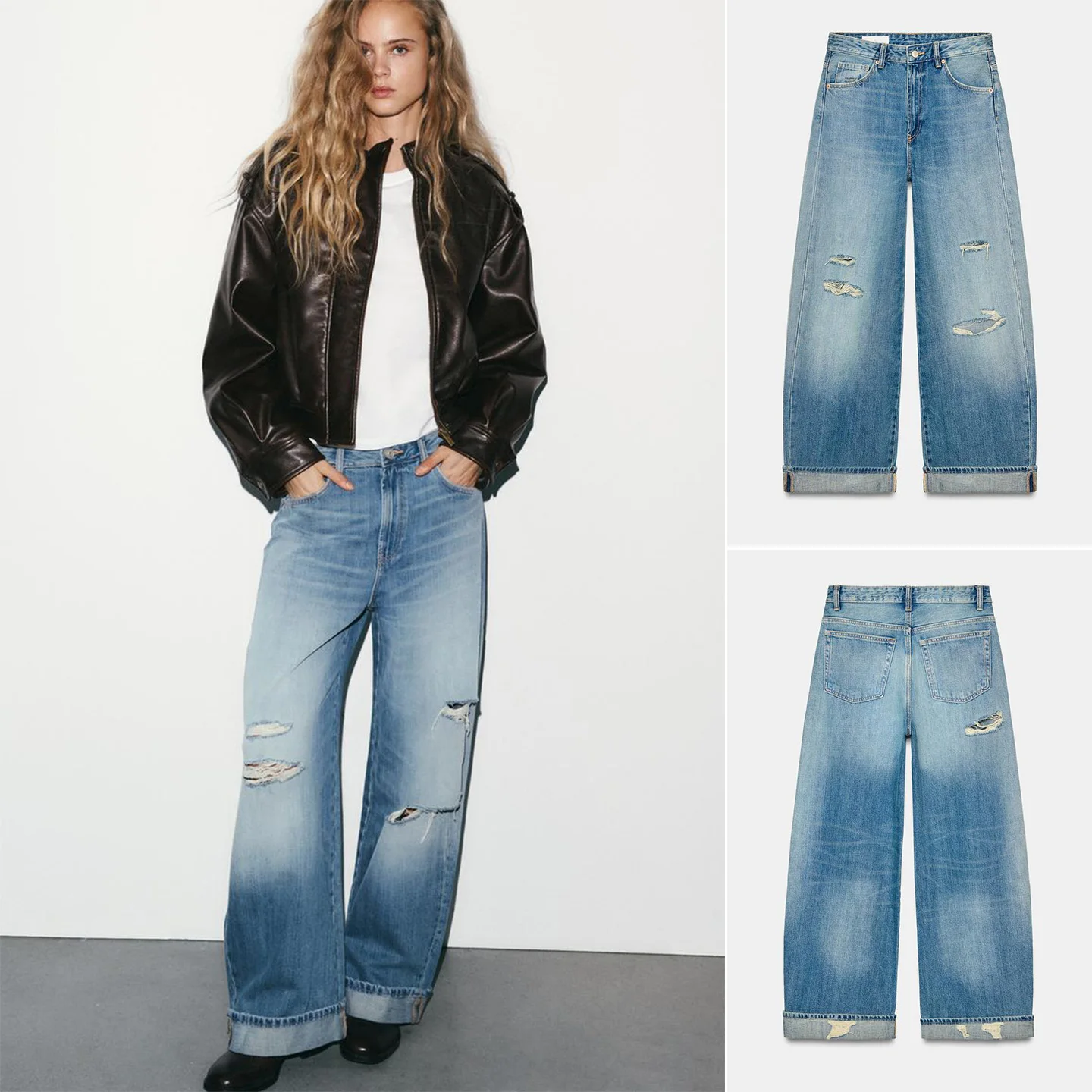 

Новые женские джинсы свободного кроя с удлиненной вставкой, средней посадкой, на молнии, с декоративными прорезями и отворотами, из натурального денима