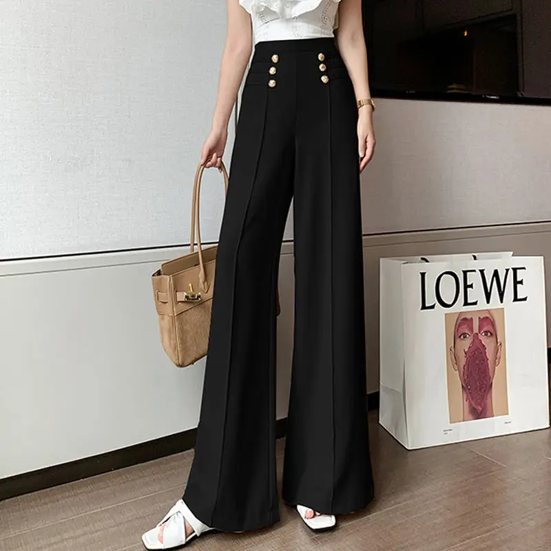 Koreaanse Mode Vintage Office Lady Elegante Wijde Pijpen Broek Vrouwen Effen Hoge Taille Rechte Broek 2023 Herfst Winter Pantalones