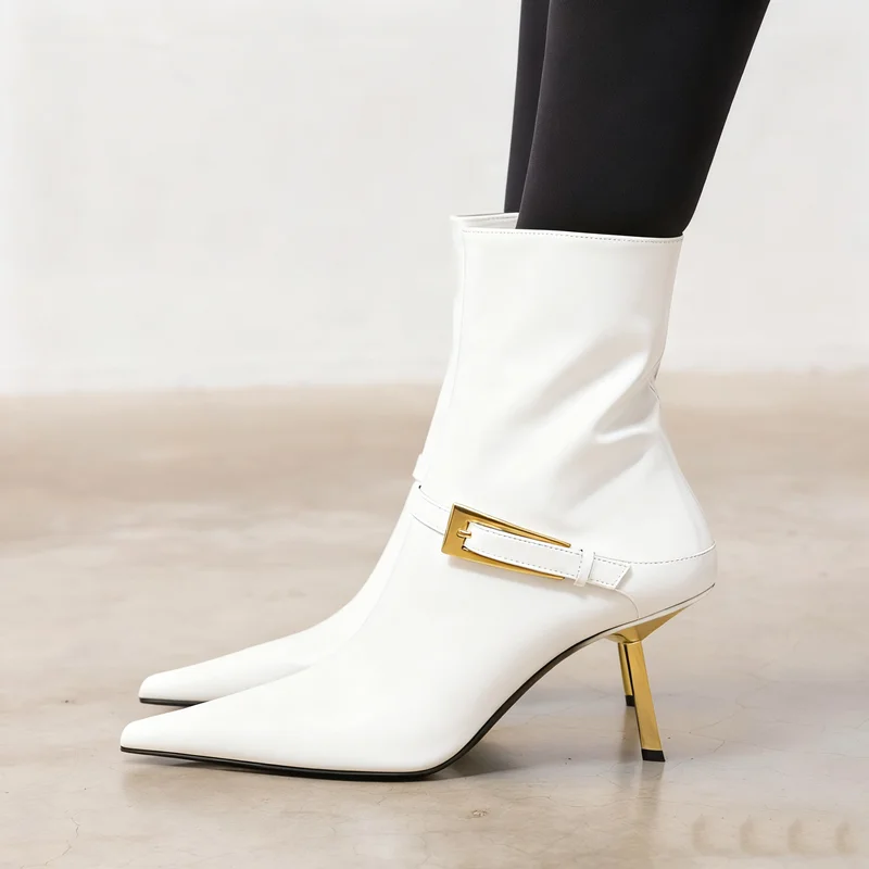 

Metal Stiletton Buckle Belt Leather Boots Sexy Pointed Toe Zipper Shiny Patent Leather New Arrivals Fashion Women Modern Boots