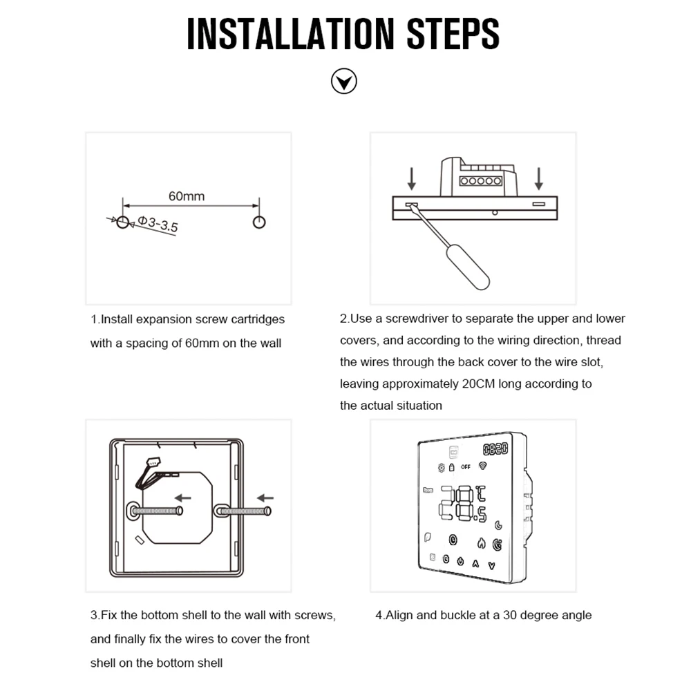 Inteligentny termostat do domowego ekranu dotykowego WiFi Voice Tuya App Programowalna kontrola temperatury Ochrona IP20 Tryb automatyczny/ręczny