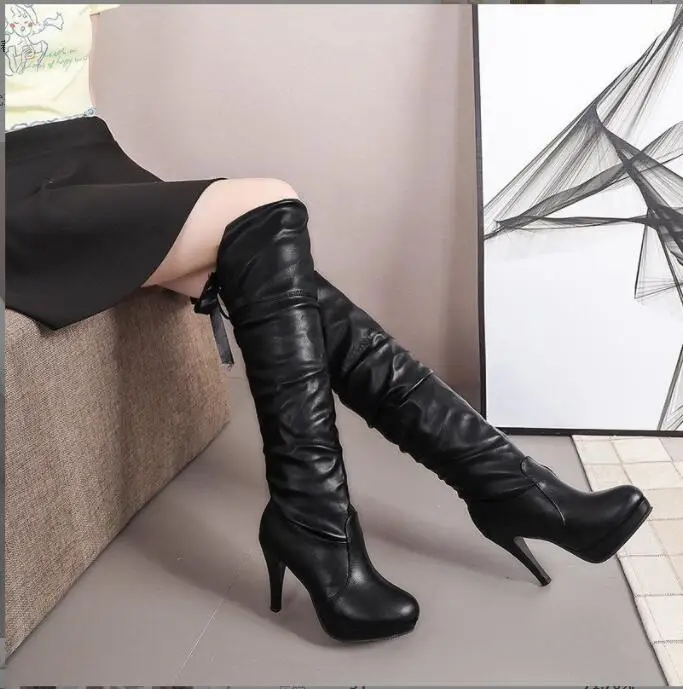 New Women Boots Classics White Black Shoes Luxury Fashion Autumn Soft Leather Elegant Comfortable Knee High Lace-Up Fashion Boot