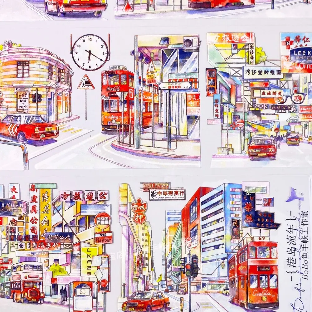 Hong Kong Island Nostalgia PET Tape Sample, Retro Street Store DIY Stickers for Journaling Scrapbooking Shaker Card Making