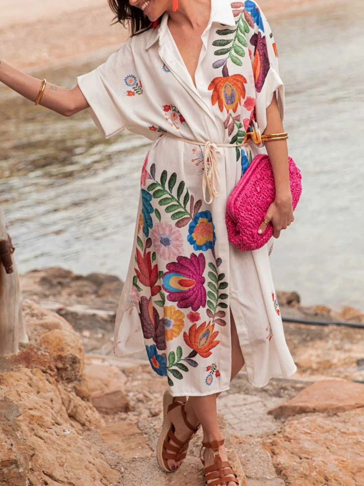 

Turn-Down Collar Simple Chic Maxi Dress, Women Summer Short Sleeve Elegant Party Dress, 2025 Printed Loose Ladies Dress Vestidos