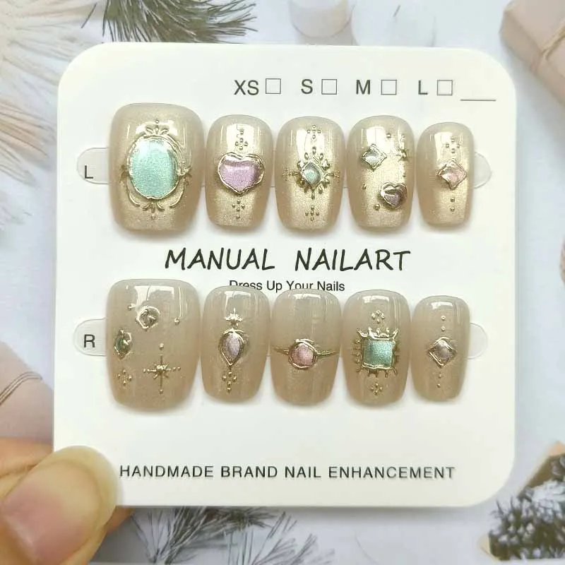 10Pcs French Golden Autumn White Moonlight Cat Eye Press On Nails High quality Gilded Wearing Armor Colorful Gemstone Flake Nail