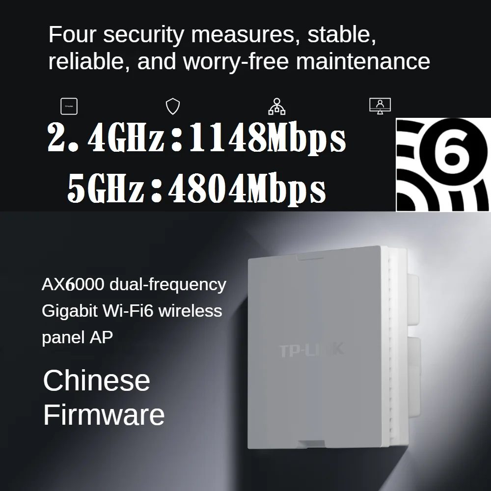 

2* порты RJ45 2,5G AX6000 в настенной точке AP WiFi6 проект Внутренняя точка доступа 802.11AX 2,4 ГГц 1148 Мбит/с 5 ГГц 4804 Мбит/с PoE PowerSupply