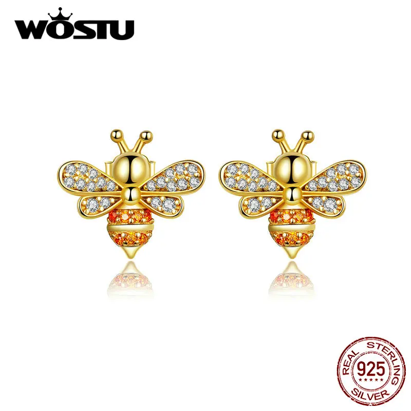 WOSTU Hot Design Real 925 Sterling Silver Cute Bees Stud Earrings for Women S925 Silver Brand Jewelry Gift CQE344