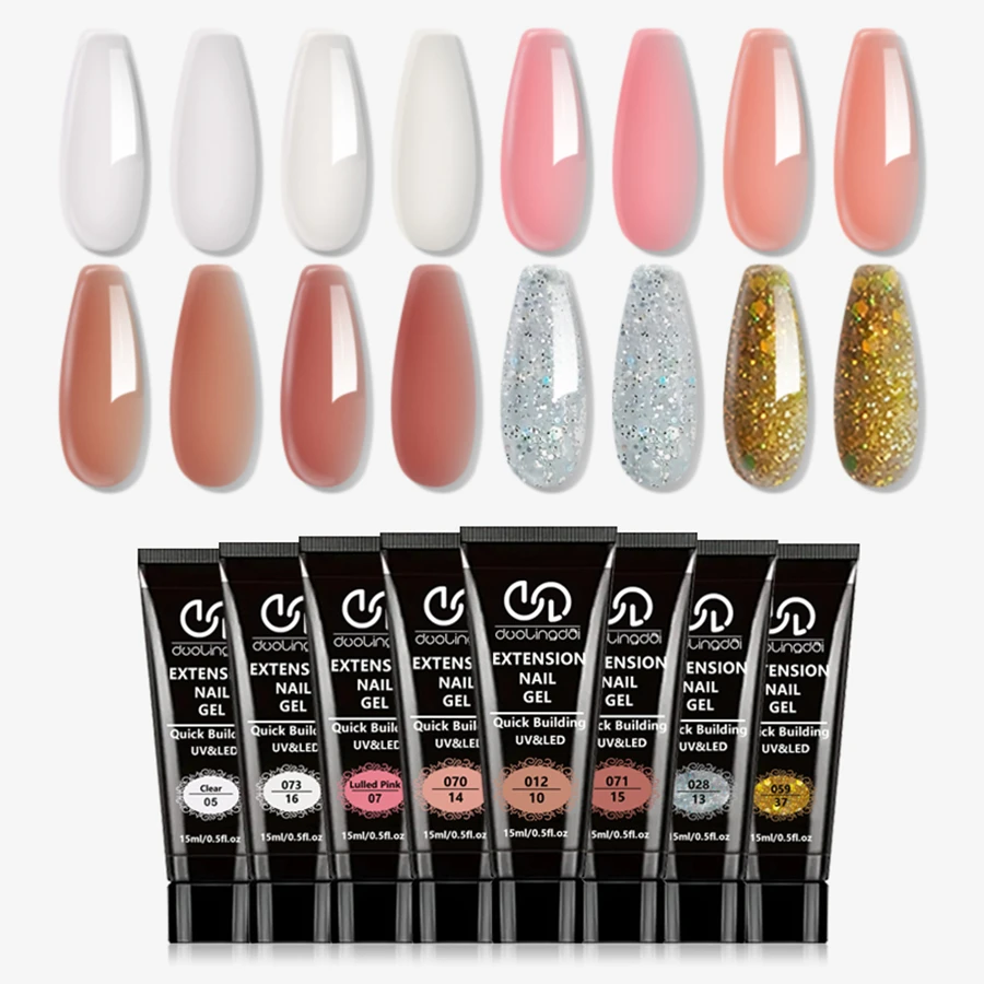 

8 color easy to use professional gel nail extension glue - durable and non greasy, LED light curing, suitable for home and salon