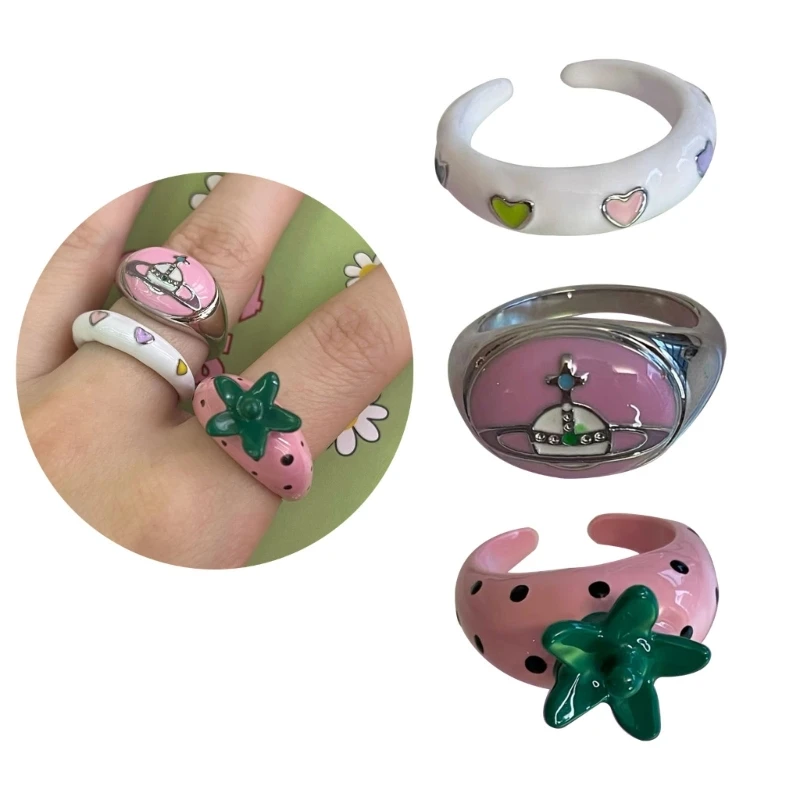 Unique Open Ring Stylish Colorful Drip Oil Finger Ring Pink Heart Planet Shape Joint Ring Jewelry Gift Womwn Girl Teen