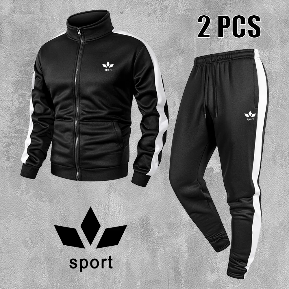 Men's Minimalist Geometric Icon Print Gym Suit Zip Up Jacket And Trousers 2 Piece Set Spring Autumn Outdoor Running Sportswear