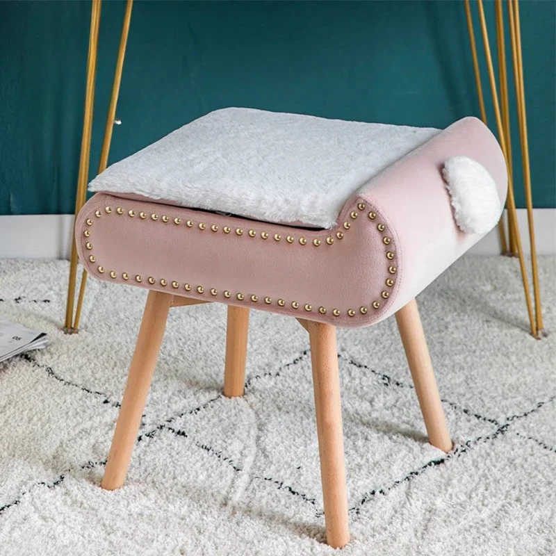 Velvet Dressing Stool  Anti-Static Luxury Makeup Seat  Storage Ottoman for Girls  Bunny Tail Design Organizer Stool