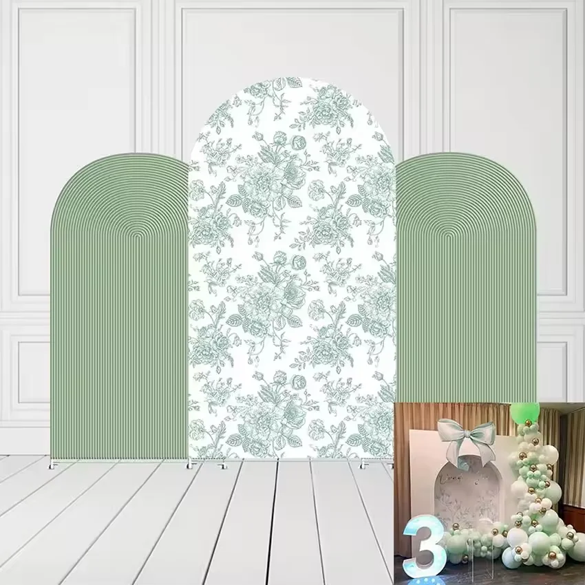 LS Custom 2-Sided Sage Green Floral Stripe Girl Birthday Wedding Bridal Shower Cover Chiara Arch Background Decor Backdrop