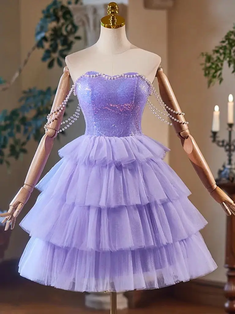 

Lilac Tulle Prom Dresses Sequined Pearls Off Shoulder Tiered Sweetheart Formal Party Evening Gowns Homecoming Dress Graduation