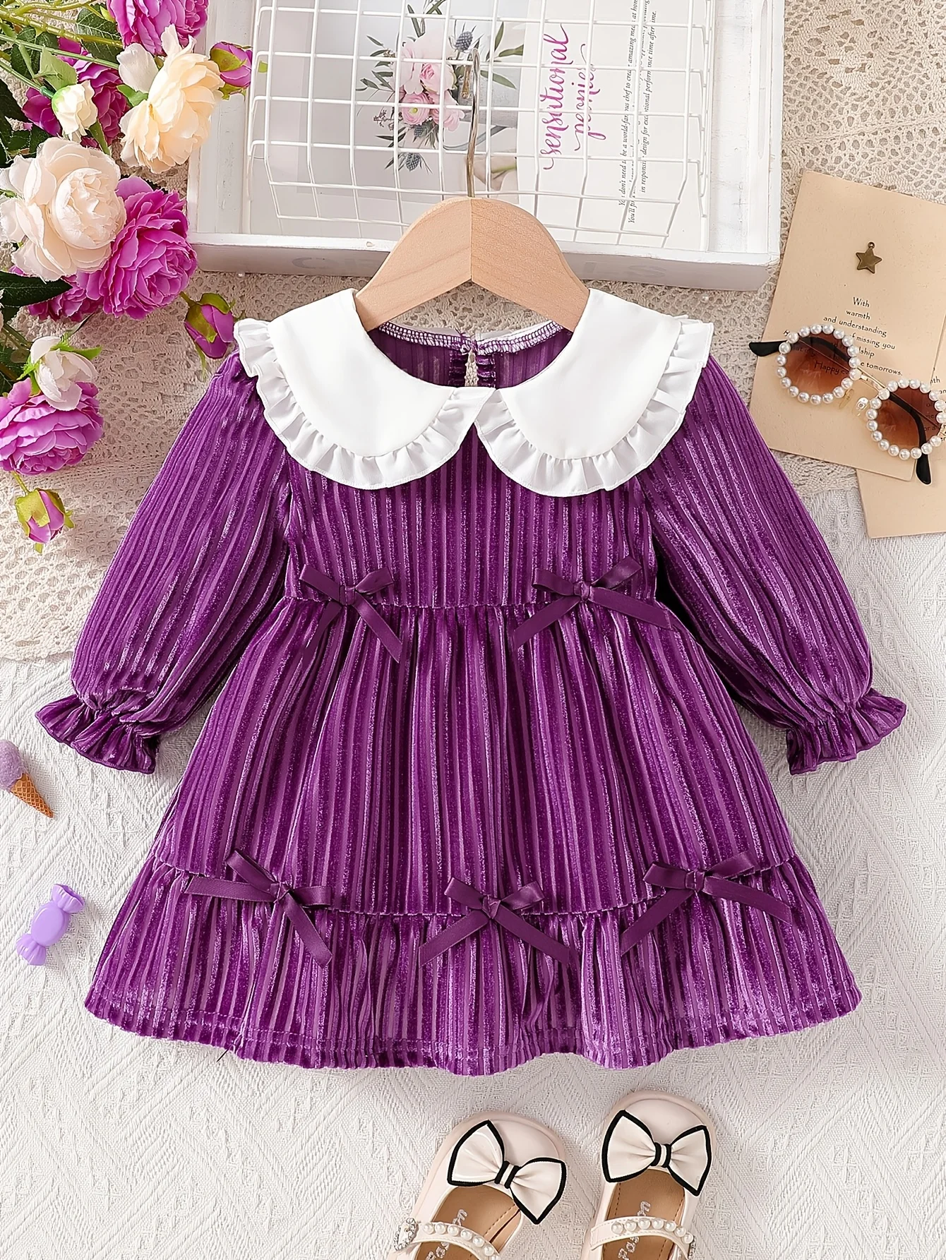 

Baby Girl Corduroy Dress, Ruffled Collar Bow, Tiered Cake Skirt, Elegant, Newborn Outfit, Birthday Gift