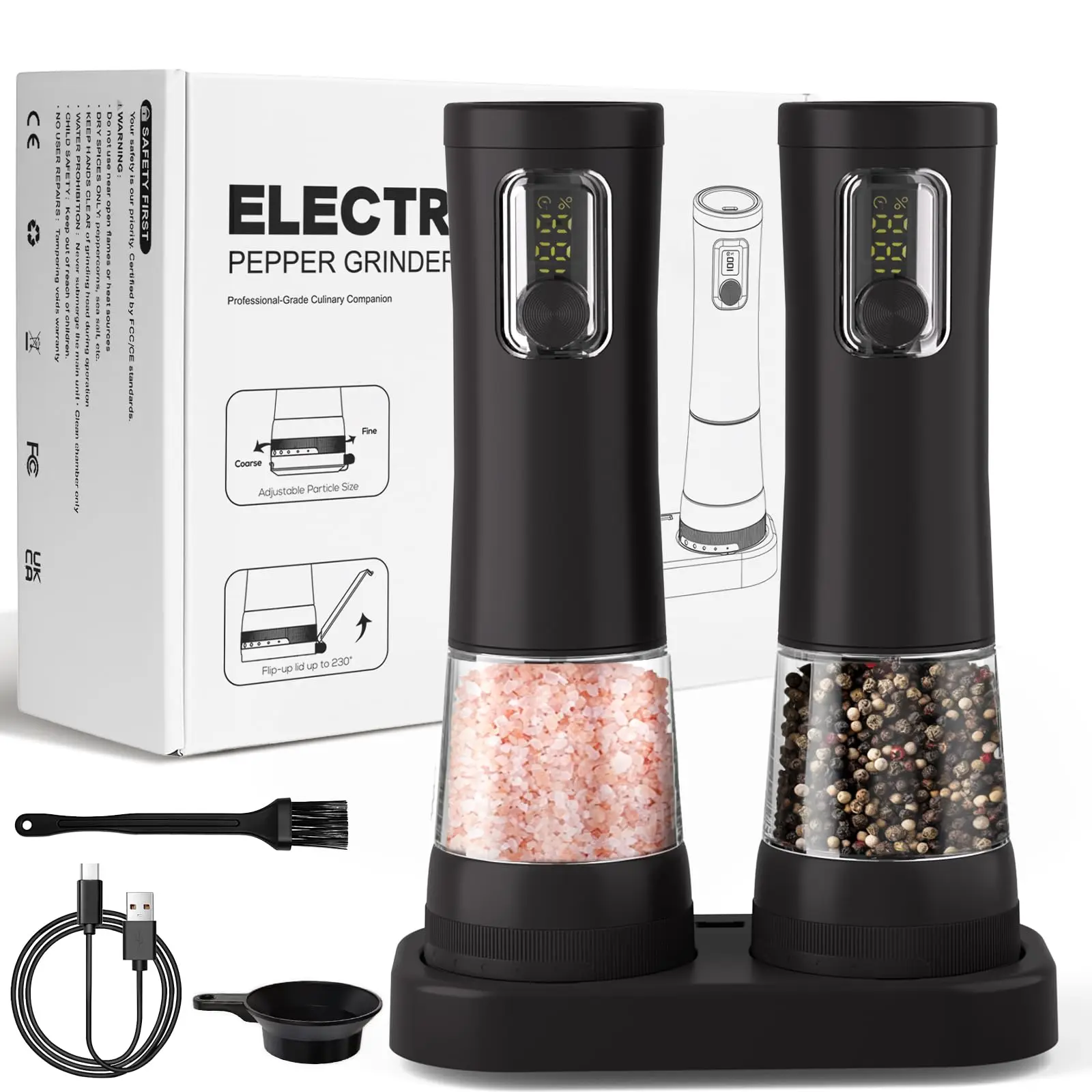 

Automatic Electric Salt and Pepper Grinder Set Digital Display Rechargeable Spice Mills Pepper Grinders with Base Large Capacity
