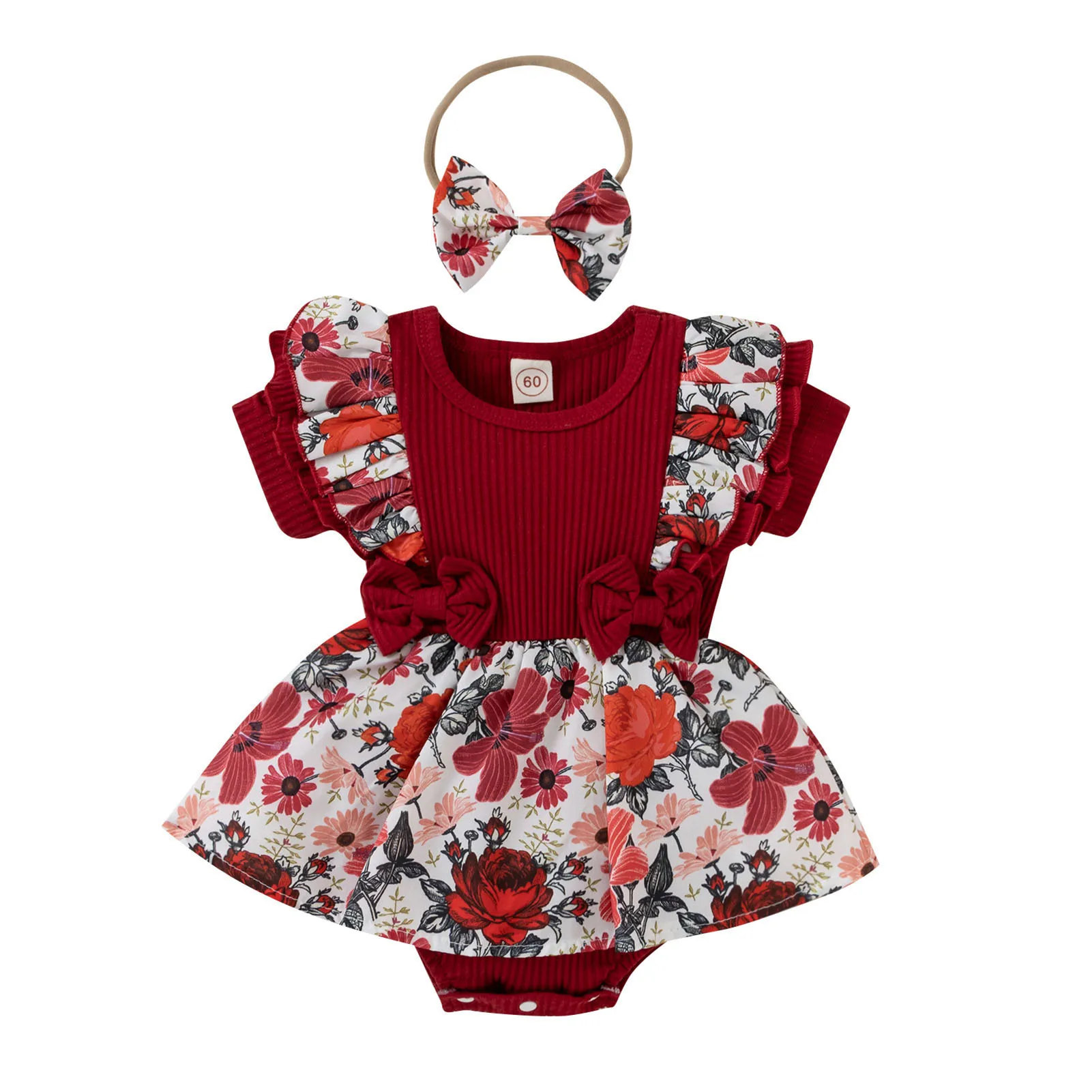 Baby Girls Summer Floral Dress with Bowknot Design Pit-striped Floral Dress for Hot Weather Daily Wear B99