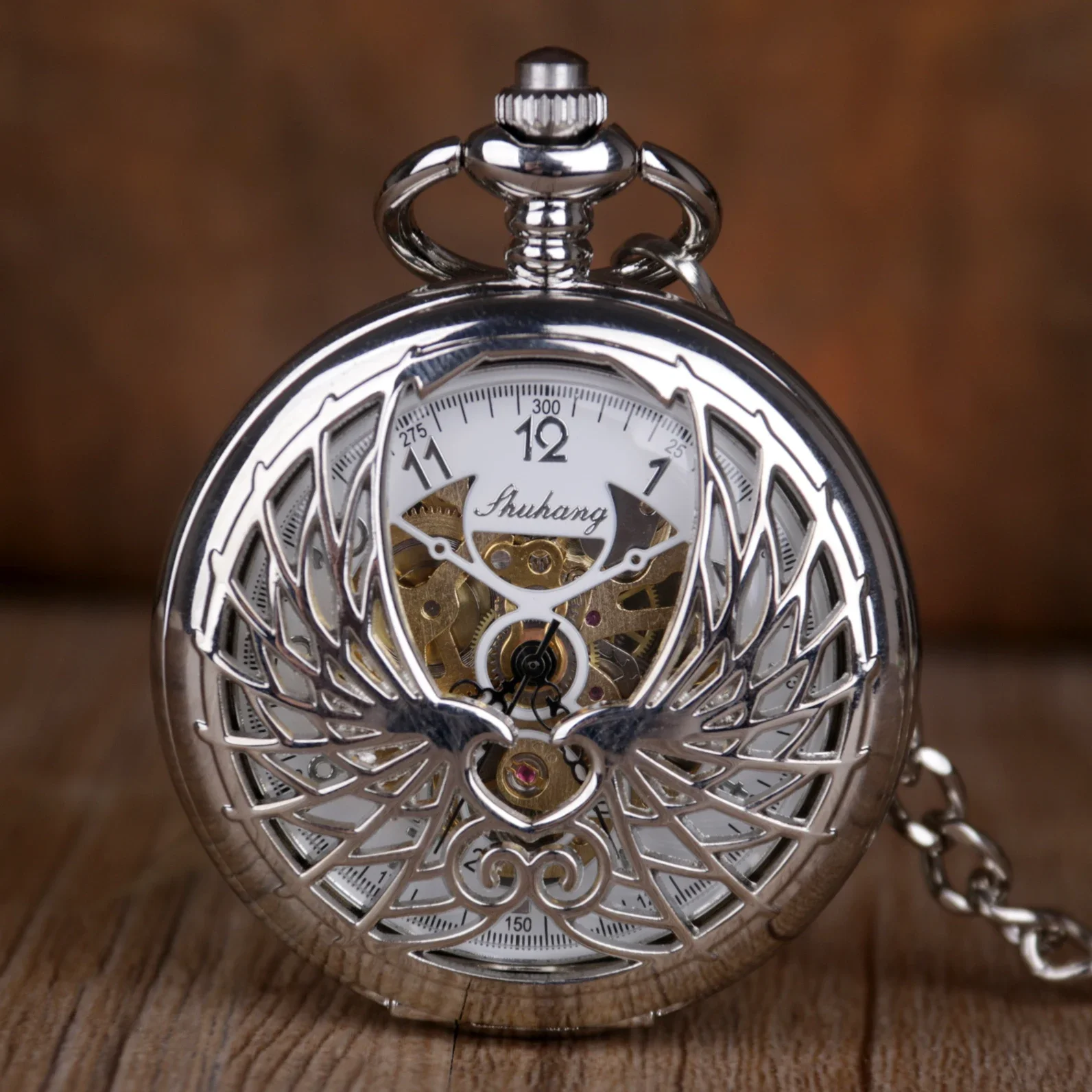 Luxury Silver Wings of Love Mechanical Pocket Watch Men's Women's Fob Chain Unique Hollow Design Double-sided Hand Wind Watch