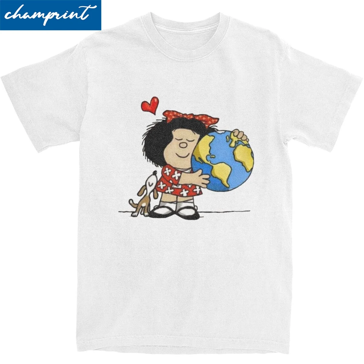 Mafalda The World And Her Puppy T Shirt for Men Women Cotton Unique T-Shirts Round Collar Tees Short Sleeve Tops Party