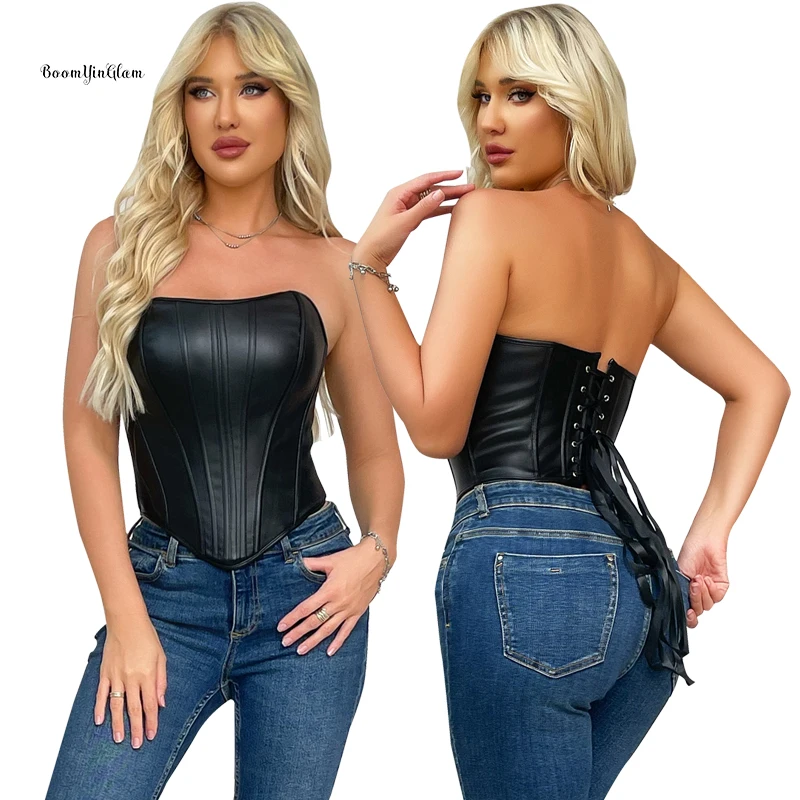 

Fashion Solid Black Gothic Zipper Waist Training Corset Faux Leather Corsets Top