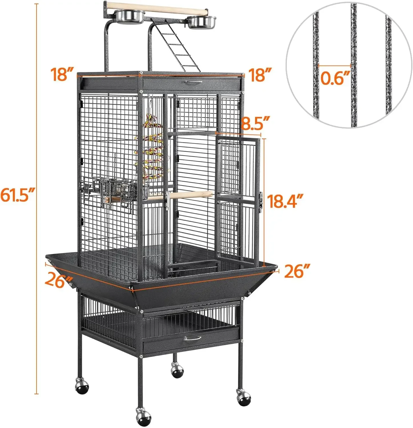 61-inch Playtop Wrought Iron Large Parrot Bird Cages with Rolling Stand for Cockatiels Amazon Parrot Quaker Conure Parakeet