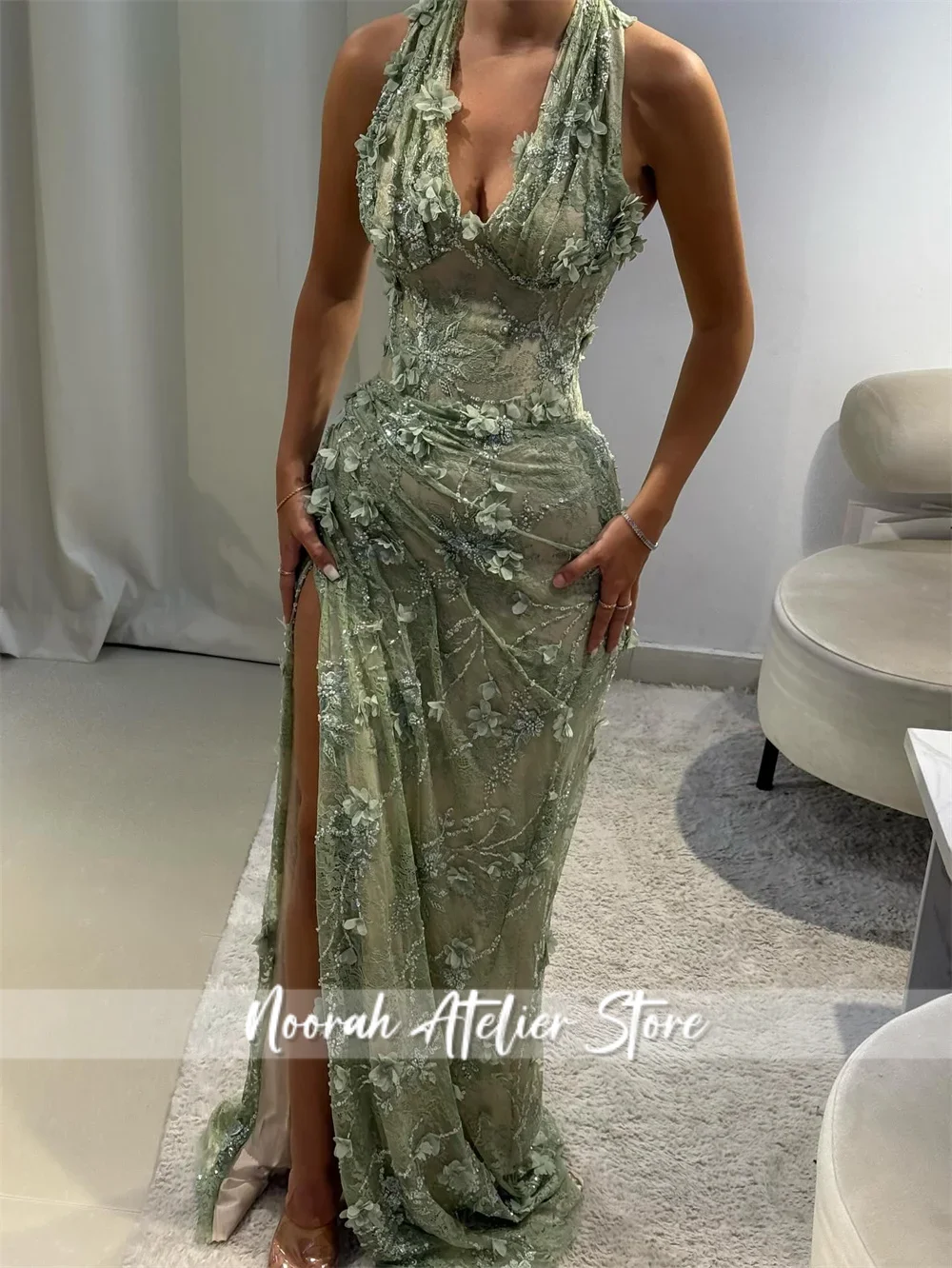 جديد مخصص الأحمر حورية البحر الجانب سبليت ثلاثية الأبعاد زهرة مثير فستان الحفلة الراقصة الرسن الرقبة الطيات Vestidos De Noche الطابق طول ثوب رسمي