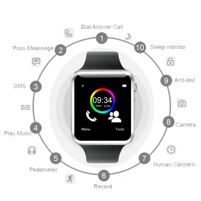 A1 Smart Watch Bluetooth WristWatch Sport Pedometer with SIM Card Passometer Camera Smartwatch for Android Better Than GT08 DZ09