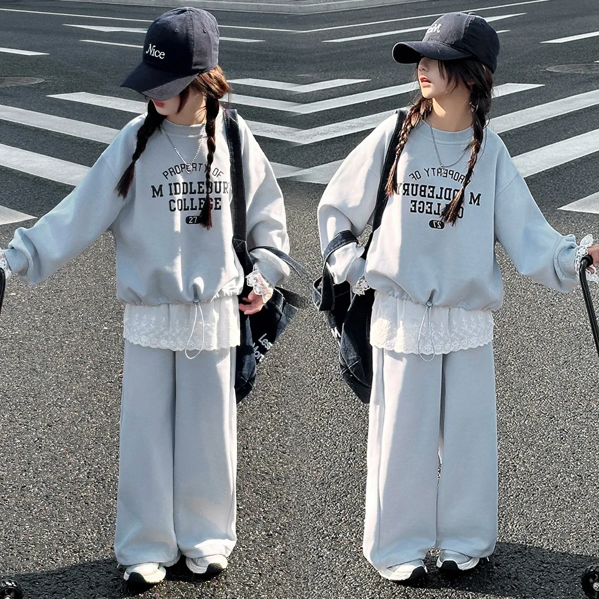 

School Girls Sport Two-piece Sets Letter Printed Sweatshirt+Lace Patchwork Sweatpant Kids Girls Sets Loose Soft Baby Girls Sets