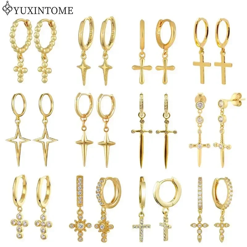 

925 Sterling Silver Ear Needle Cross/Snake Pendant Hoop gold Earrings for women Punk Trend Earrings Fashion Party Jewelry gifts